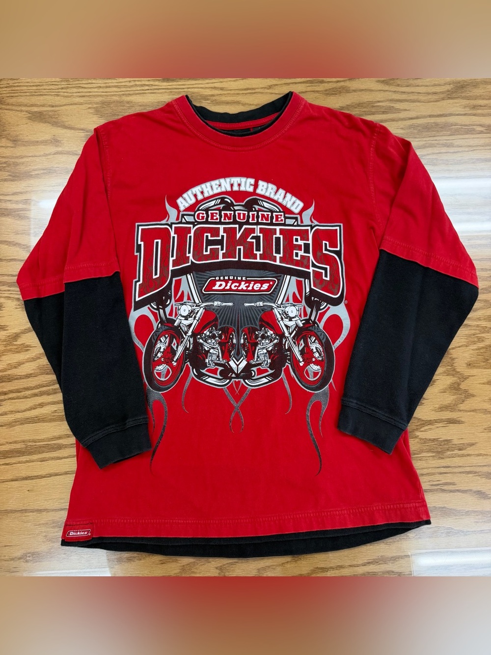 Dickies Long Sleeve Thermal Layer Shirt Cyber Y2K Biker Grunge Red Black L 21x28